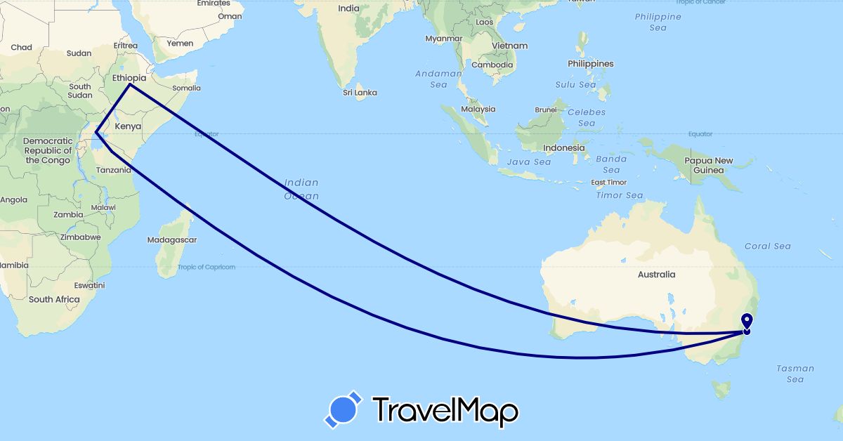 TravelMap itinerary: driving in Australia, Ethiopia, Tanzania, Uganda (Africa, Oceania)
